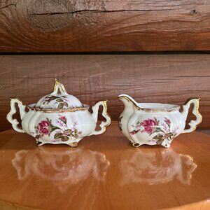 Vintage Original Napco China Hand Painted Rose Sugar Bowl w/Lid & Creamer Set